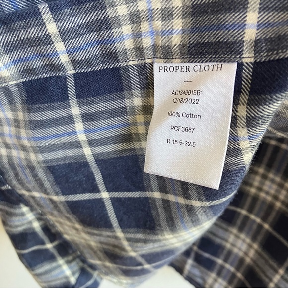 Proper Cloth Button Down Shirt Size 15.5 32.5 Blue Plaid Cotton Twill Preppy Top - Picture 4 of 6